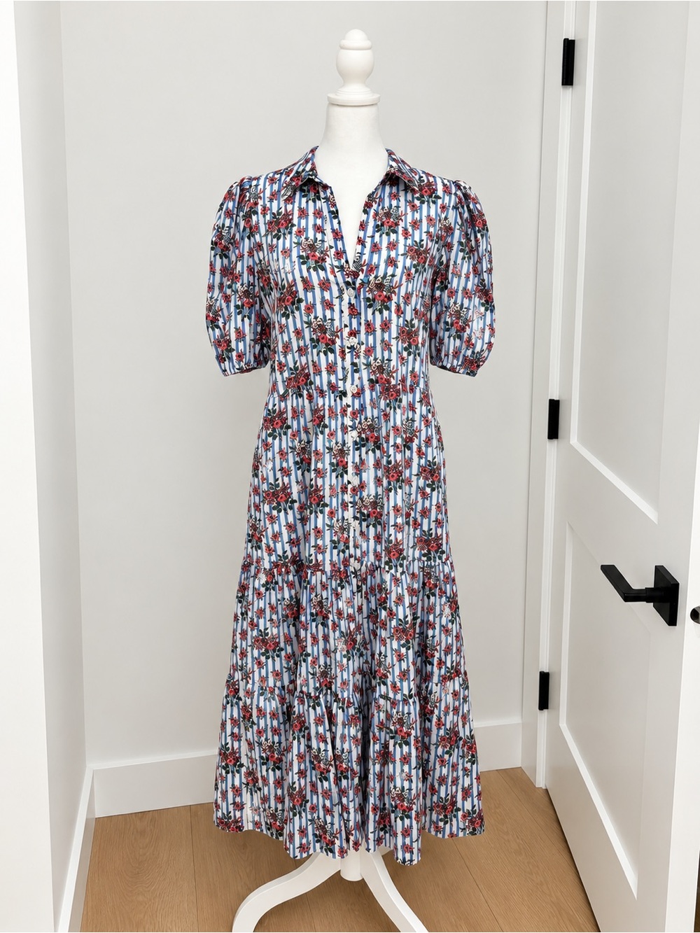 Veronica Beard Eunice Floral Stripe Cotton Midi Dress Size 6